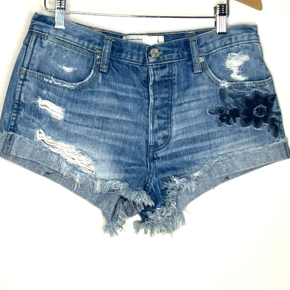 ABERCROMBIE & FITCH HIGH RISE DENIM JEAN SHORT SHORTS SIZE 4 27 FLORAL DESTROYED